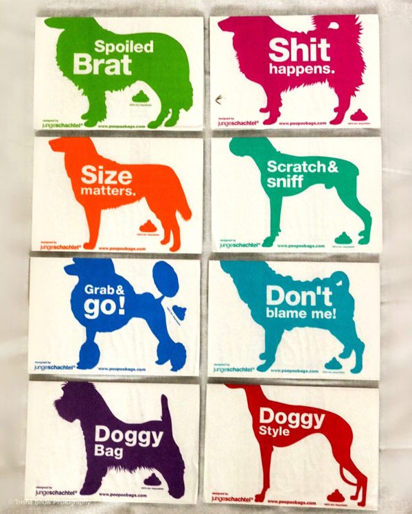The Designer Poo Poo bags are biodegradeable dog poop bags with funny sayings to add some humour to your dog's business!